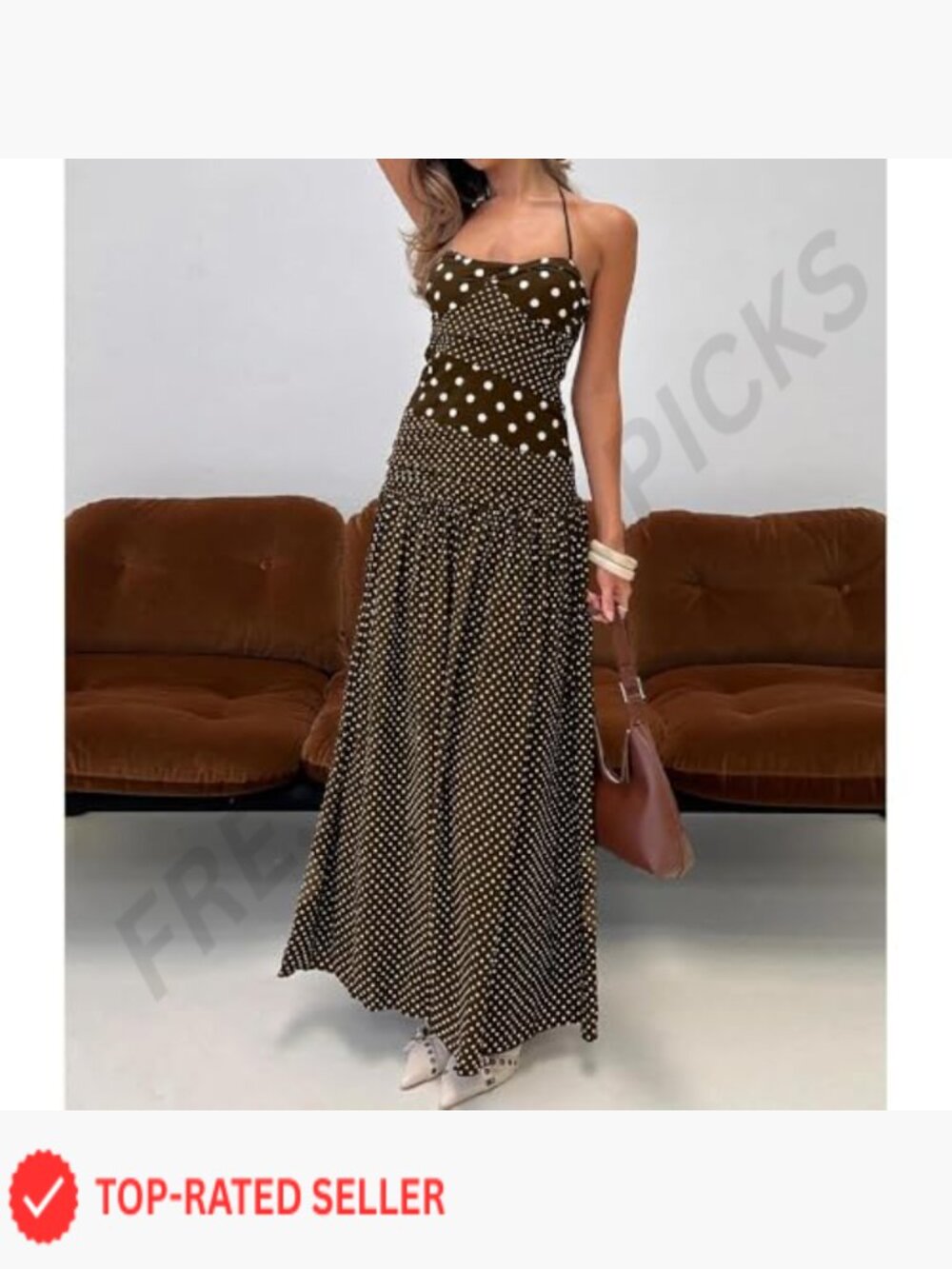 Polka Dot Halter Maxi Dress Flowy Backless Party Vacation Wear Sleeveless - Picture 3 of 6